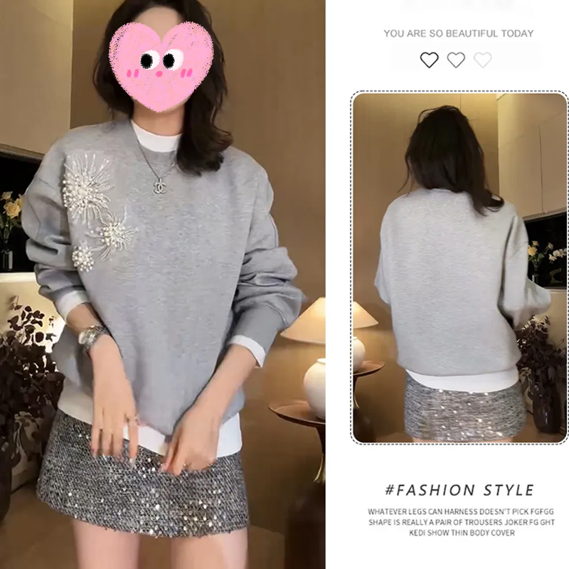 设计感重工套头卫衣女2025秋季新款烟花绽放钉珠花朵圆领正肩上衣