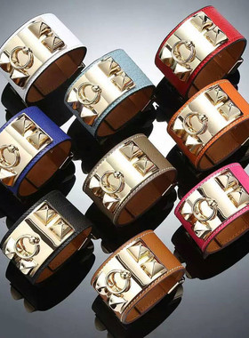 欧美女真皮铆钉朋克手镯明星同款