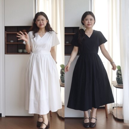 沉默家2026夏小个子V领系带收腰口袋连衣裙女日常短袖A字显瘦长裙