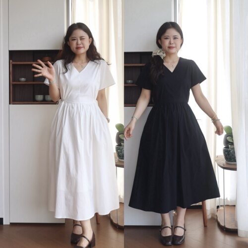 小个子日常V领收腰口袋连衣裙