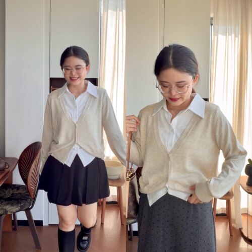 学院衬衫拼接假两件V领羊毛开衫