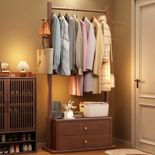 全实木挂衣架储物收纳带抽屉一体衣帽架小户型卧室落地式置物衣架