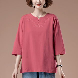 2026年新款纯棉长袖T恤女中年妈妈宽松大码上衣春秋款纯色打衣衫