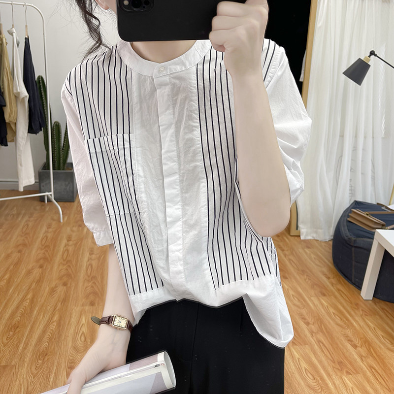 韩范原宿风短袖白衬衫女条纹拼接夏季新圆领宽松复古上衣短袖衬衣