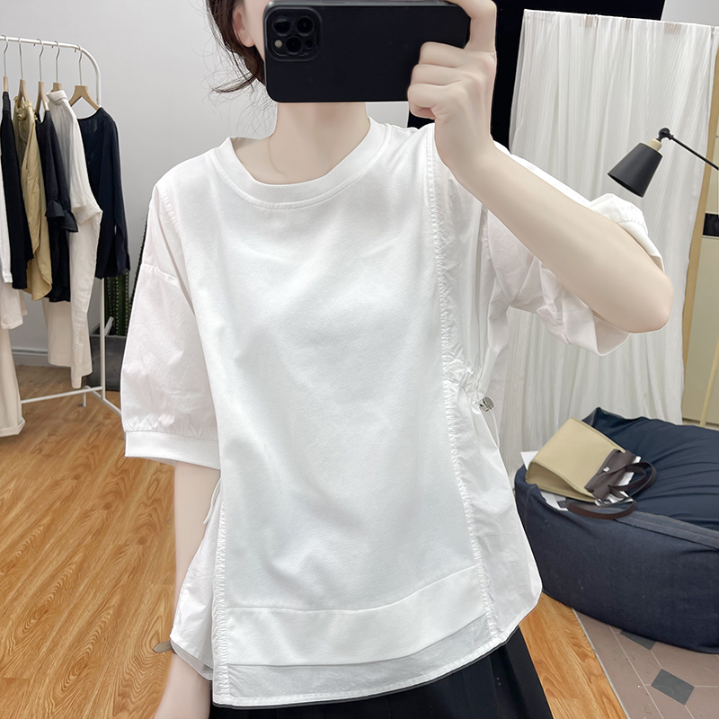 夏装时尚设计感灯笼袖拼接短袖T恤女圆领宽松衬衫2024新款体恤衫