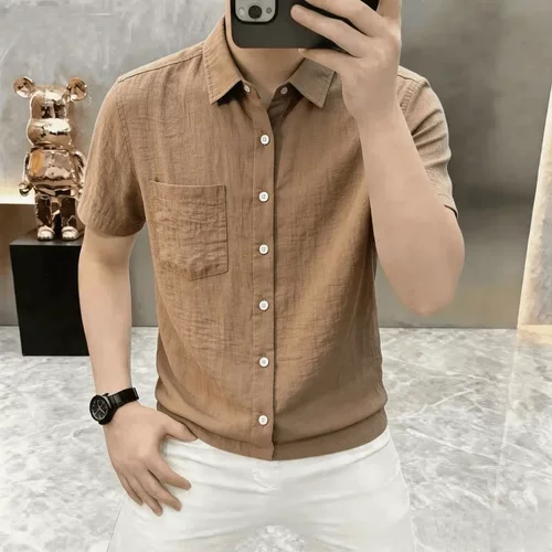 DX潮流男装夏季短袖衬衫男士复古简约薄款百搭时尚休闲宽松衬衣男