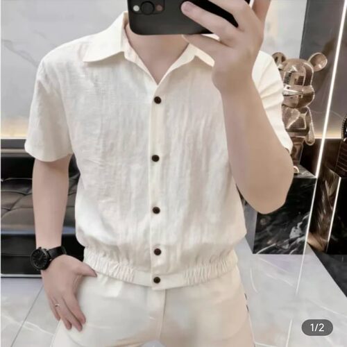 万苏男装时尚轻奢夏季男士透气老钱风翻领短袖衬衫休闲百搭衬衣潮