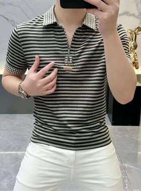 宏嫩男装雪溪2026高档夏季男士欧货条纹翻领短袖T恤POLO衫半袖男