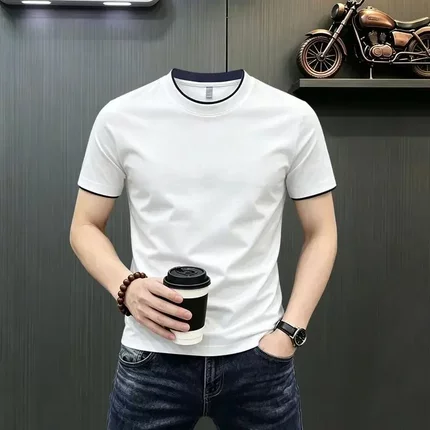 跃宇服饰新款男士夏季薄款圆领撞色短袖T恤透气休闲上衣弹力体恤