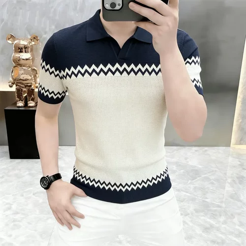 卡尔精品服饰夏季男士翻领短袖T恤POLO衫镂空针织提花休闲上衣