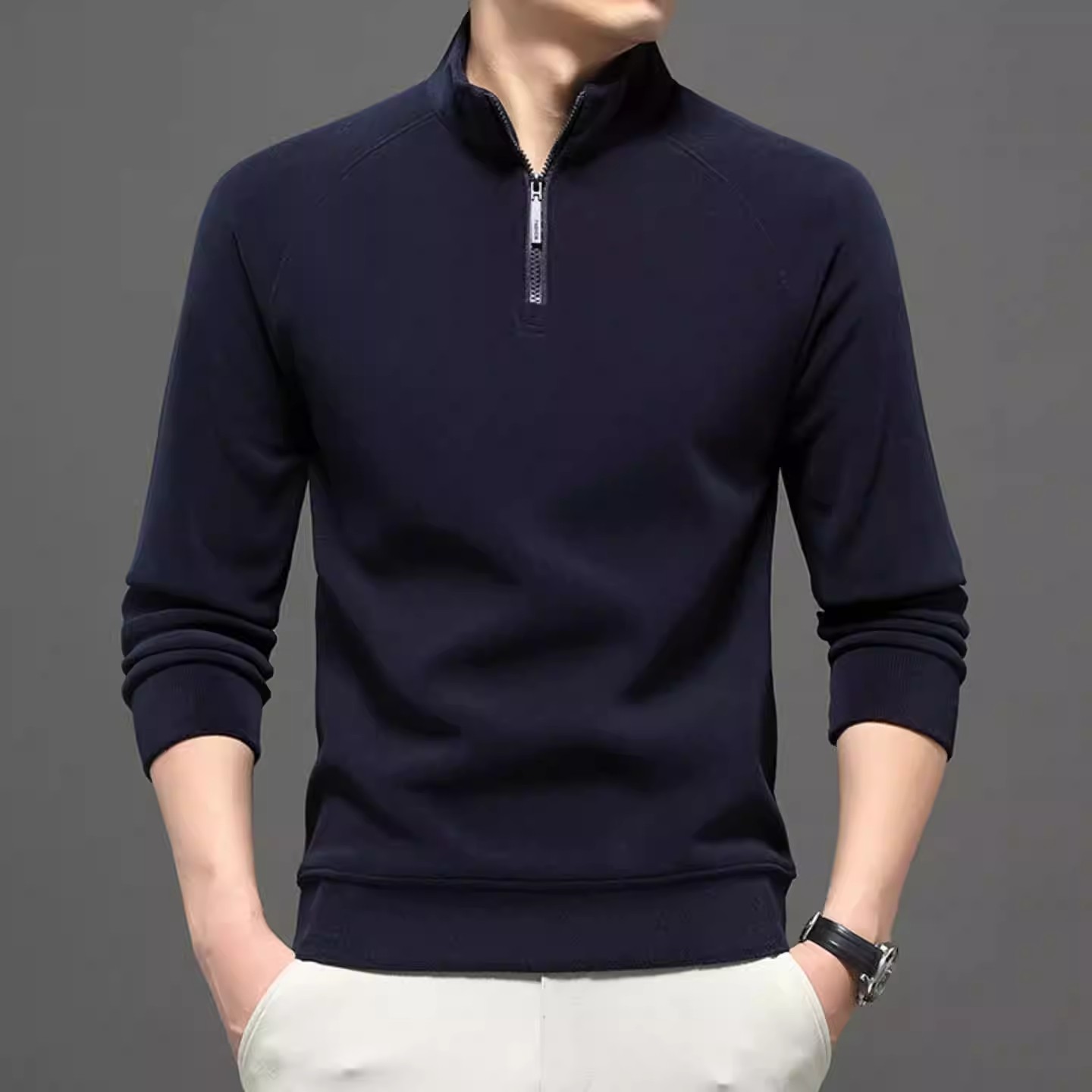 昝品轻奢男装秋冬加绒加厚打底衫绵羊毛奥粒绒卫衣半拉链立领长袖