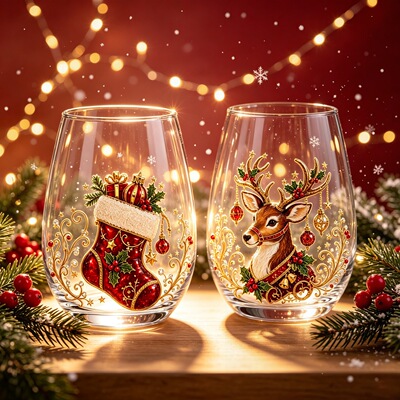 跨境新热销设计日常款Christmas Glass Art Cup圣诞玻璃艺术酒杯