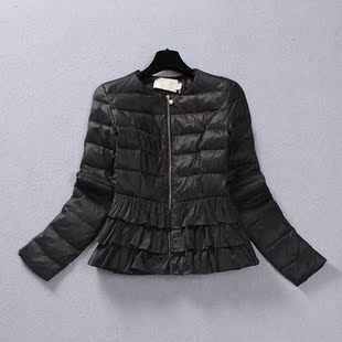 清货专柜撤尾货断码小个子荷叶边轻薄柠檬黄淑女修身短款羽绒服