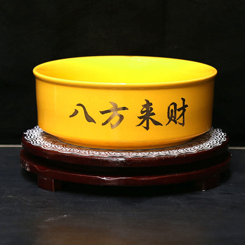 黄色陶瓷八方来财聚宝盆招财聚财摆件