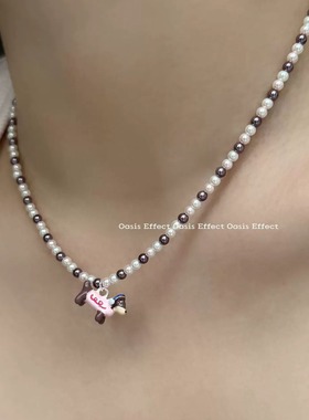 OASIS 草莓可可施家珍珠可爱腊肠狗狗粉紫色彩色少女感项链锁骨链