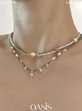 OASIS 彩色串珠天然淡水珍珠项链女锆石小众叠戴设计感轻奢颈链