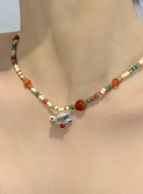 OASIS 莺时信鸽手工陶瓷小鸟彩色串珠项链2025新款小众百搭锁骨链