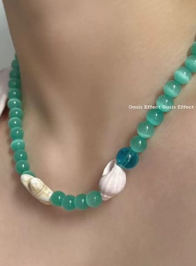 OASIS 玻璃海陶瓷海星贝壳蓝色猫眼石项链少女海边度假风春夏小众