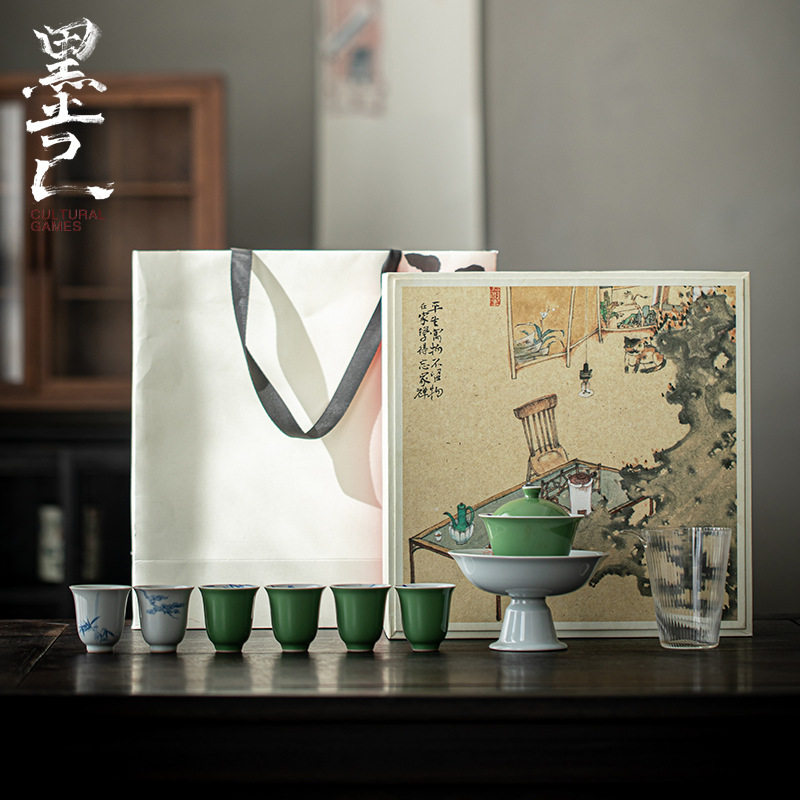 墨己 松柏绿拟古茶具整套 手绘文人空间陶瓷茶具家用 茶室用具