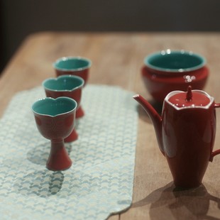 庭野堂故宫红绛红宋风玉兰壶 茶具 茶壶 高足杯 红色壶承建水摆件