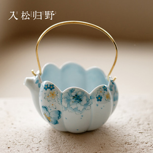 入野归松原创手工铜把手提梁公道杯高档景德镇青花手绘分茶器茶海
