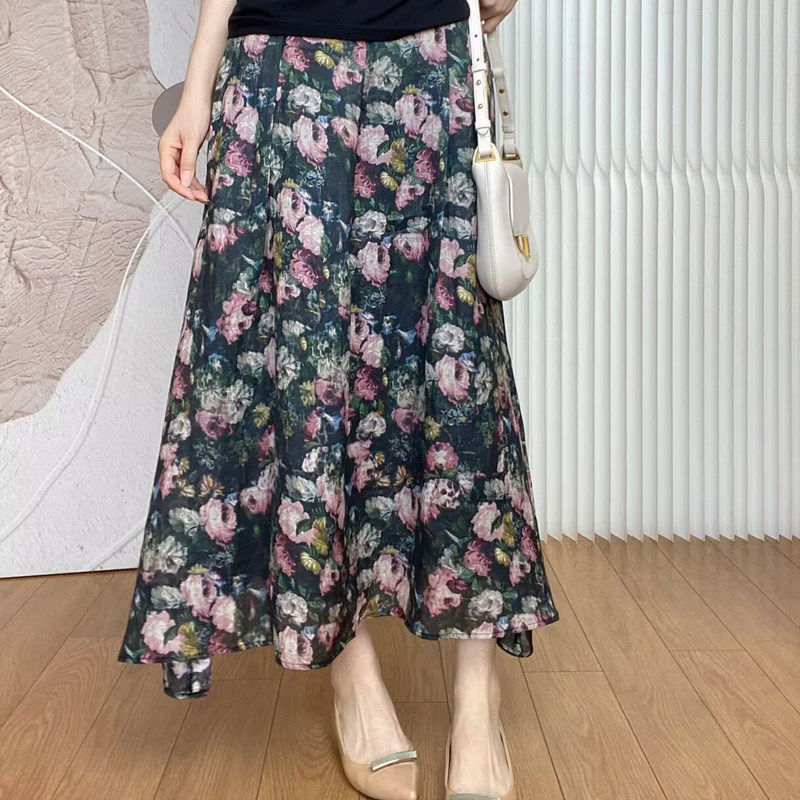 熙熙精选 2025法式苎麻松紧腰印花半身裙 女 百搭高腰轻盈伞裙
