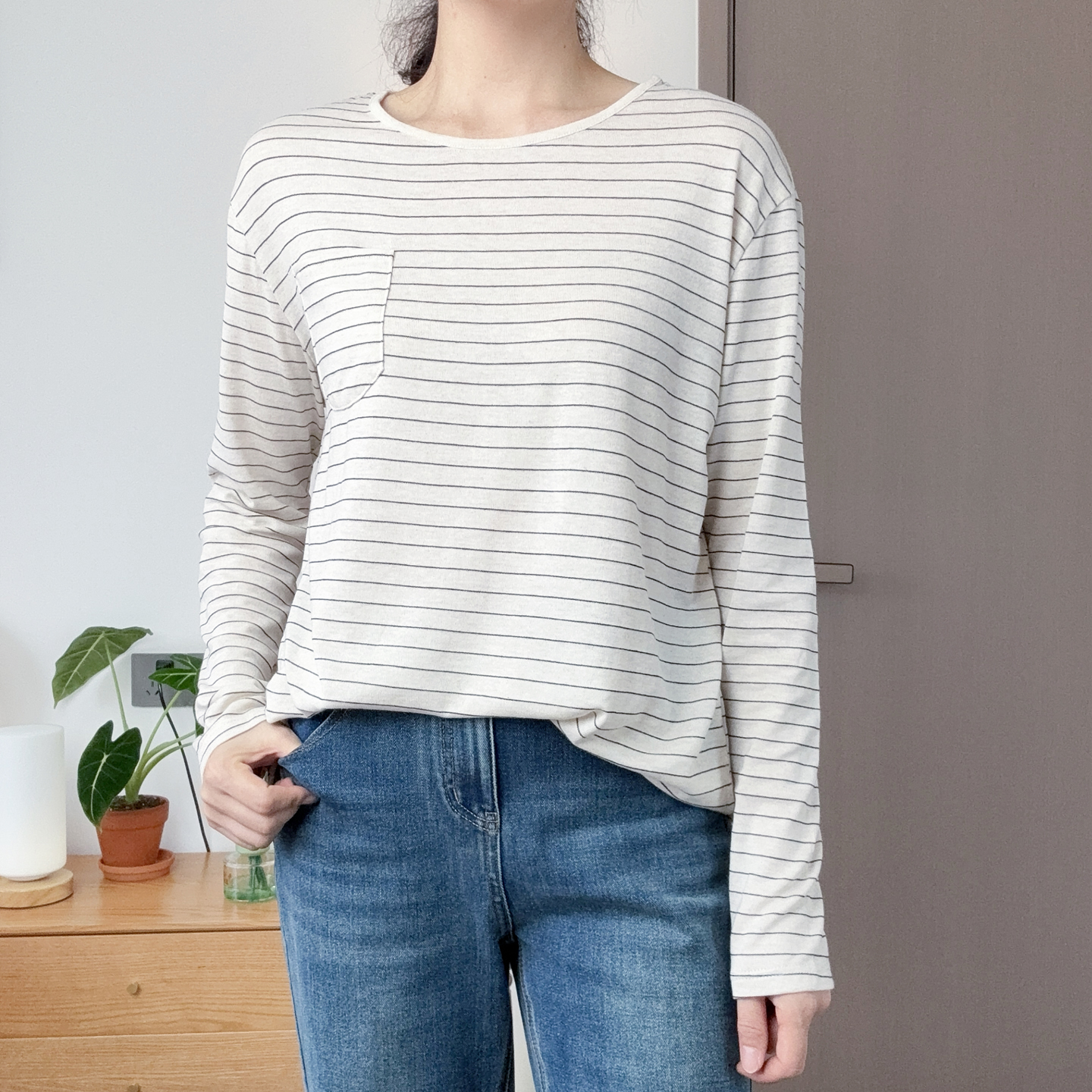 天丝亚麻圆领口袋打底罩衫