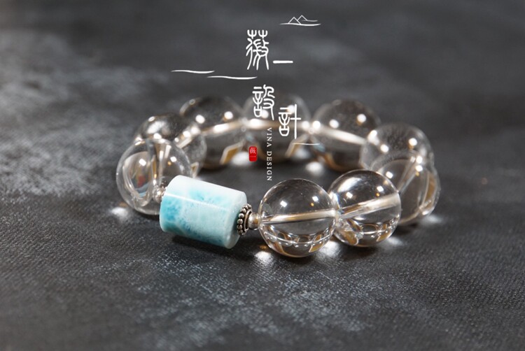 欣赏 石愫 天然海纹石  拉利玛 白水晶大珠手钏