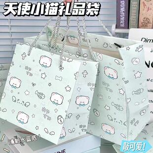 新款天使小猫礼品袋文艺手提袋节日精美生日花束包装送礼物纸袋子