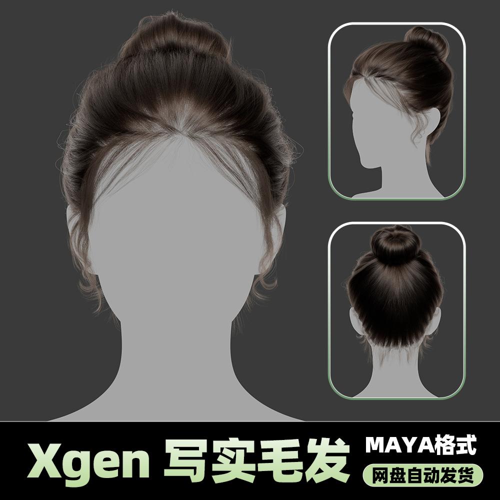 Xgen女性毛发国风现代美女人物角色发型泡面头maya3D模型丸子头