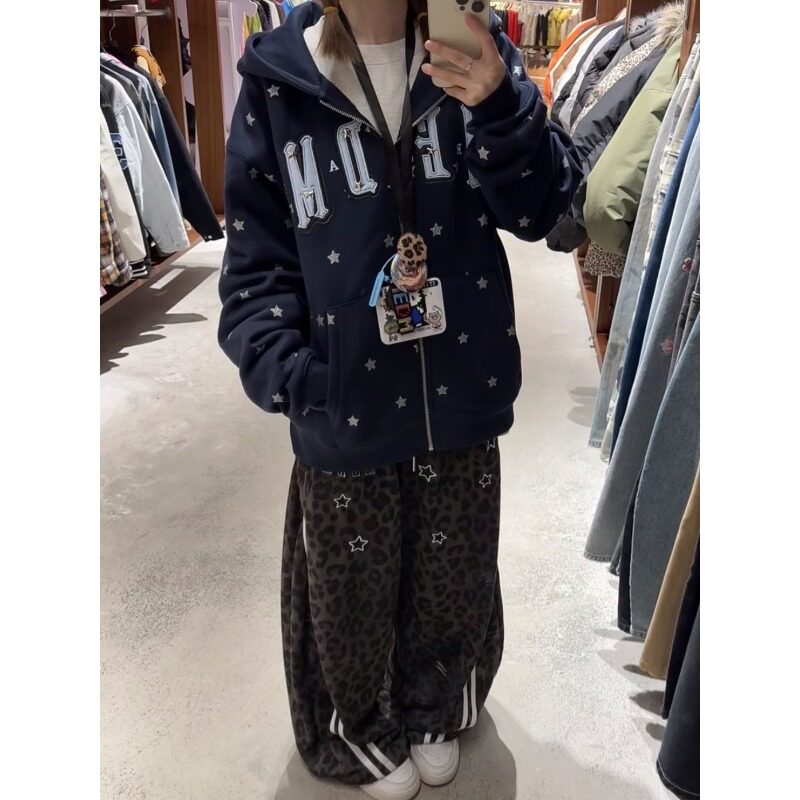 美式复古贴布刺绣星星连帽卫衣男女春秋情侣宽松潮牌小众外套开衫