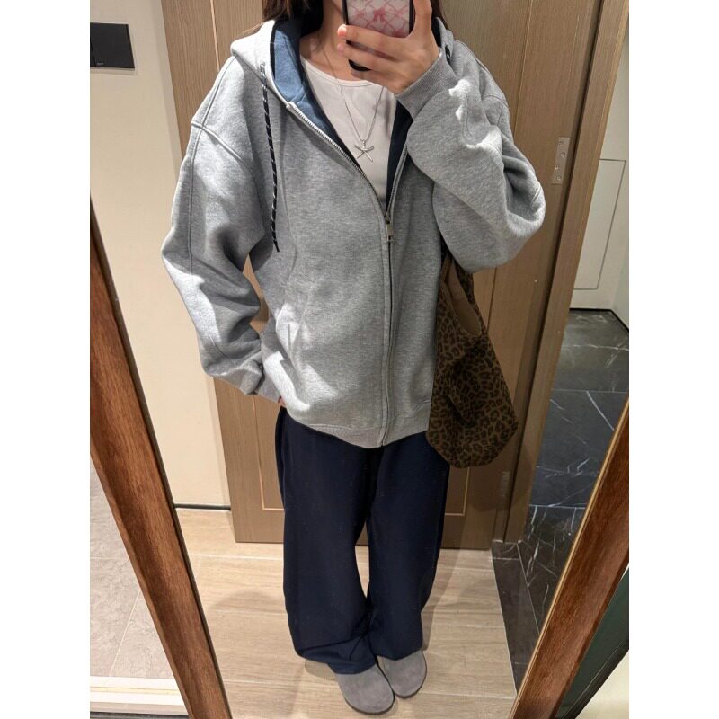 美式复古港风撞色连帽拉链卫衣男女春秋薄款情侣宽松休闲连帽外套