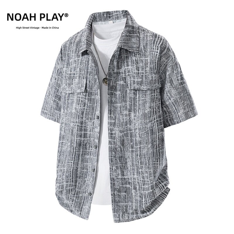 NOAH LIAY 复古肌理格纹短袖衬衫男夏季双口袋工装宽松做旧衬衣潮