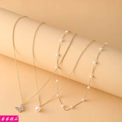 female Pearl Collarbone Chain Butterfly Pendant Necklace set