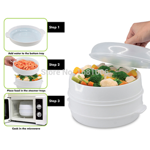 2 Tier Microwave Vegetable Steamer with Lid,BPA Free,White,s