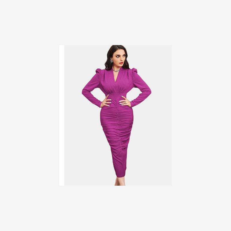 Asymmetrical Ruched Long Sleeve Party Dress不对称褶皱连衣裙