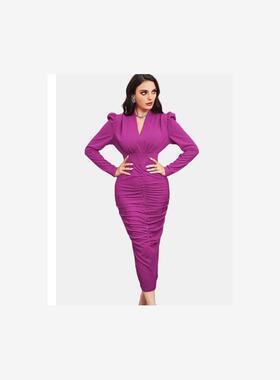 Asymmetrical Ruched Long Sleeve Party Dress不对称褶皱连衣裙