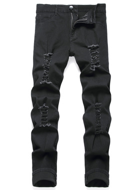 2023外贸男士牛仔纯黑色修身小脚弹力男式修身牛仔裤潮