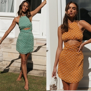 女装印花露腰交叉系带不规则连衣裙women's sleeveless dress