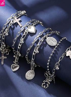 Girl Retro Alloy Double Layer Bracelet Cross Pendant bangle