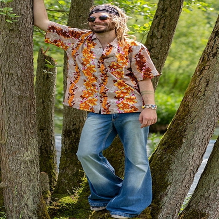 ins朋克风牛仔裤蓝色高腰复古男士大喇叭裤