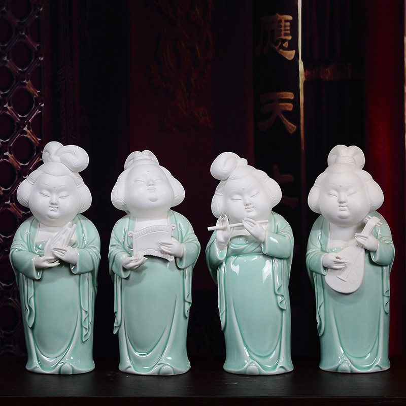 中式陶瓷人物唐代青瓷仕女歌姬摆件家居客厅样板房桌面装饰工艺品