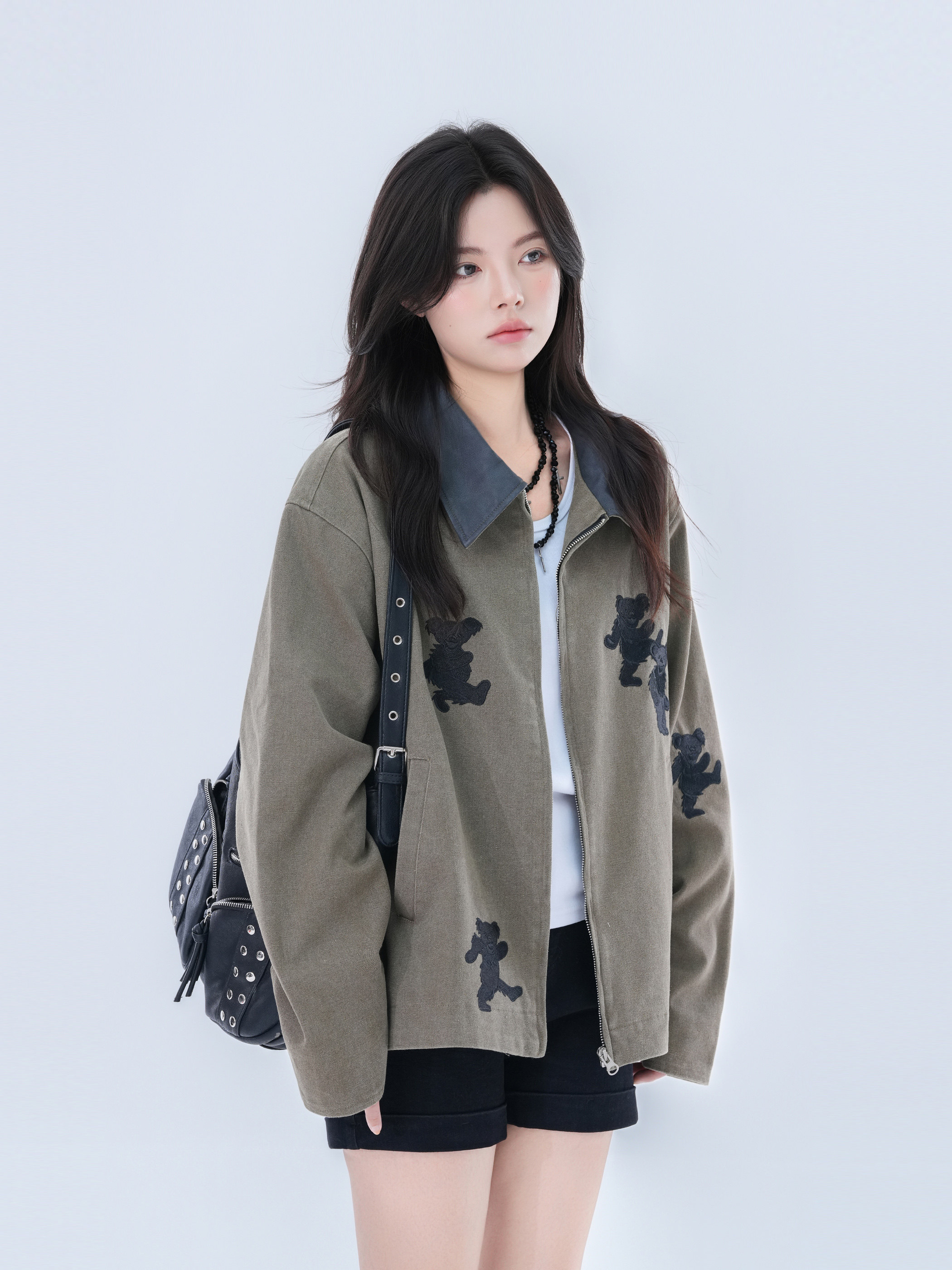 American Retro Bear Embroidery Lapel Jacket for Men and Women, Loose-Fitting Unisex Style Coat