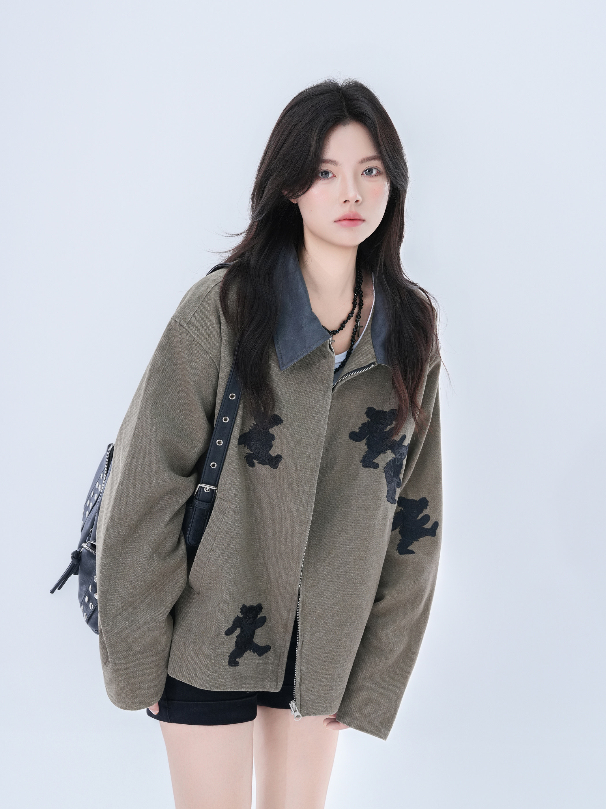 American Retro Bear Embroidery Lapel Jacket for Men and Women, Loose-Fitting Unisex Style Coat