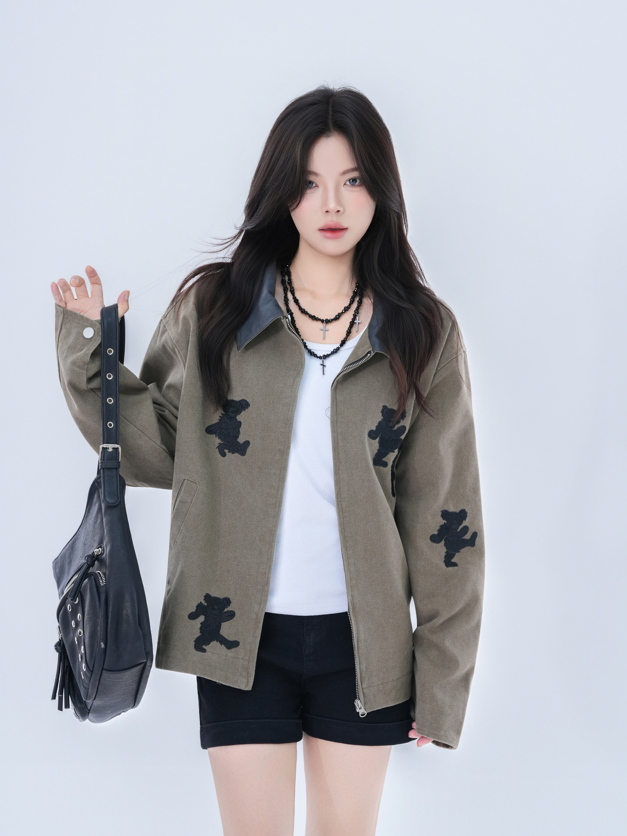American Retro Bear Embroidery Lapel Jacket for Men and Women, Loose-Fitting Unisex Style Coat