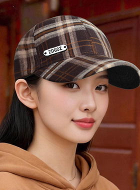 帽子女格子鸭舌帽洋气百搭新款棒球帽可调节显脸小防晒遮阳帽秋季