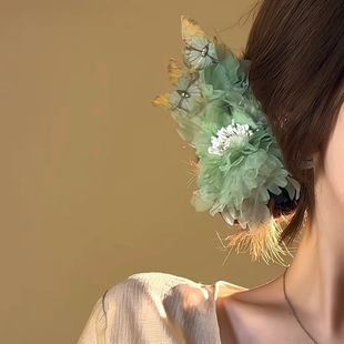 新中式烫花枯叶蝶发夹发卡花朵发饰边夹拍照写真道具汉服古风旗袍