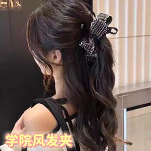 学院风格纹丝带蝴蝶结香蕉夹女扎高马尾发夹减龄洋气发卡气质头饰
