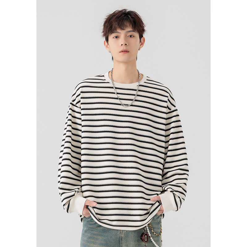 黑白条纹长袖t恤男秋冬加绒潮牌美式衣服宽松潮流圆领重磅打底衫