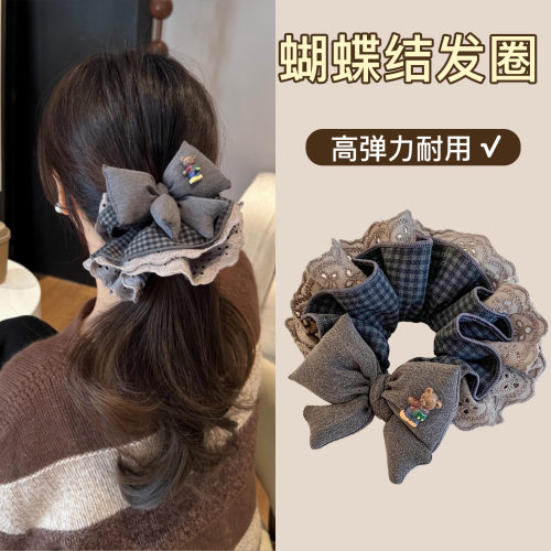 韩系复古灰格蕾丝大肠发圈